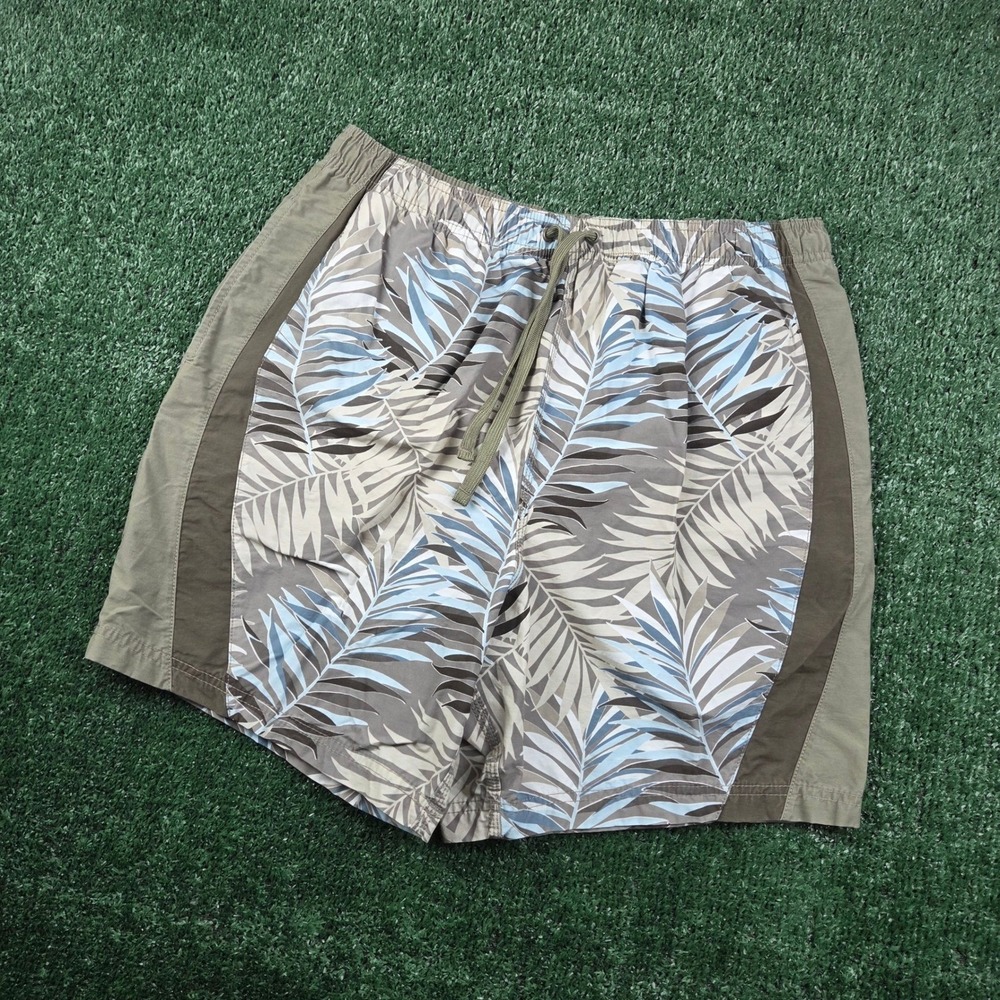 Islander Mens Tropical Palm Print Swim Trunks Brown Blue Elastic Waist Medium